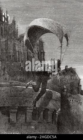 Flucht eines Gefangenen in der alten Abtei Le Mont Saint Michel. Normandie, Frankreich. Europa. Alte, gravierte Illustration aus dem 19th. Jahrhundert von La Nature 1884 Stockfoto