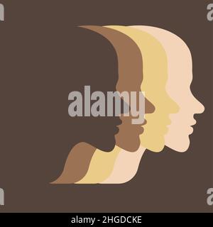 Vier Hauttypen. Abstrakte Haeds mit unterschiedlicher Haut. Vektorhintergrund von männlichen oder weiblichen Silhouetten. Rennen. Farbenfroh Stock Vektor