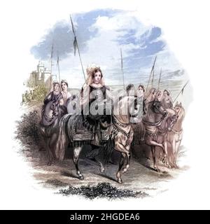 Maschinell kolorierte Eleanor von Aquitanien (1122. – 1. April 1204) war Königin Gemahlin von Frankreich (1137–1152) und England (1154–1189) und herzogin von Aquitanien in ihrem eigenen Recht (1137–1204). Als Erbin des Hauses der Poitiers, Herrscherin im Südwesten Frankreichs, war sie im Hochmittelalter eine der reichsten und mächtigsten Frauen Westeuropas. Sie war Schirmherrin von literarischen Persönlichkeiten wie Wace, Beno?t de Sainte-Maure und Bernart de Ventadorn. Sie führte mehrere Male in ihrem Leben Armeen an und war eine Anführerin des zweiten Kreuzzugs. Aus dem Buch Heroines of the Crusades von Bloss, Celestia Angenette, 1 Stockfoto