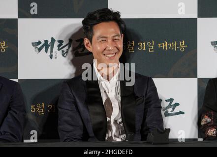 Der Schauspieler Lee Jung Jae besucht die Show während ihres neuen FILMES WARRIORS OF THE DAWN Media Show Case in Seoul, Südkorea. Stockfoto