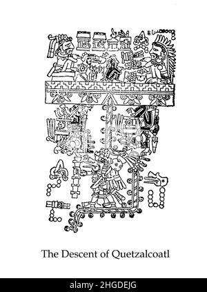 DIE ABSTAMMUNG VON QUETZALCOATL (eine Gottheit in der aztekischen Kultur und Literatur, deren Name von der Nahuatl-Sprache stammt und 'kostbare Schlange' oder 'Quetzal-gefiederte Schlange' bedeutet) aus dem Buch 'Myths and Legends Mexico and Peru' von Lewis Spence, Publisher Boston : David D. Nickerson 1915 Stockfoto