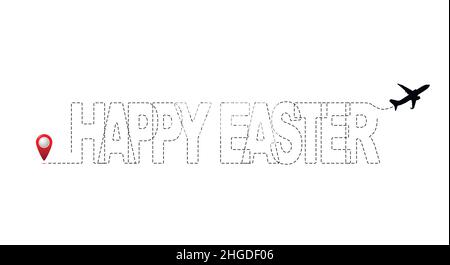 Happy easter Konzept. Ziel, Route, Flugzeug. Logo für Osterreisen. Flache Vektorgrafik. Stock Vektor
