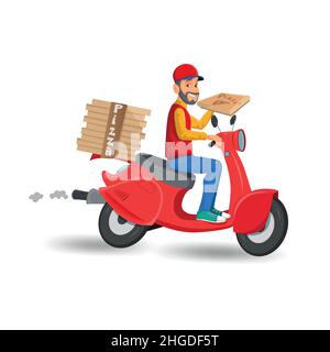 Netter Mann der Pizzeria mit Speisenlieferung auf einem Roller mit Schachteln Pizza auf weißem Hintergrund Stock Vektor