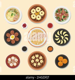 Flat chinese Neujahr Reunion Dinner Food Set Vektor-Illustration. Stock Vektor