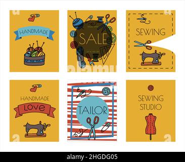 Vector Doodle Nähen Banner. Symbole für Vektoranpassungswerkzeuge. Nähen Schaufensterpuppe, Maschine, Mess-und Schneidbedarf, Black Outline. Skizze mit Stock Vektor