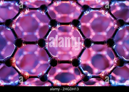 3D Rendering von Nanoröhrchen-Struktur, purpurner Wissenschaftshintergrund, Technologiekonzept, hexagonale geometrische Form close-up, Graphene-Atomstruktur Stockfoto