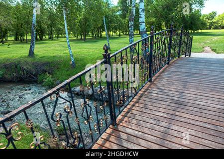 Fußgängerbrücke über den Bach . Hölzerne Fußgängerbrücke im Park . Wandern im Frühling Stockfoto