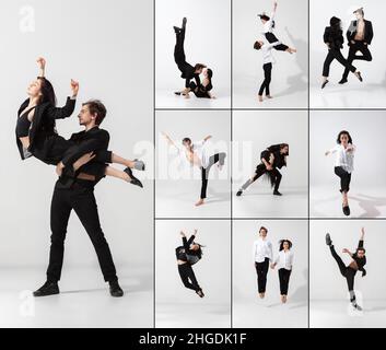Collage aus Porträts männlicher und weiblicher Balletttänzer, die isoliert auf weißem Hintergrund tanzen. Konzept von Kunst, Theater, Schönheit und Kreativität Stockfoto