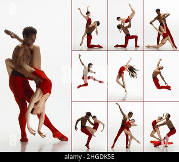 Collage aus Porträts männlicher und weiblicher Balletttänzer, die isoliert auf weißem Hintergrund tanzen. Konzept von Kunst, Theater, Schönheit und Kreativität Stockfoto