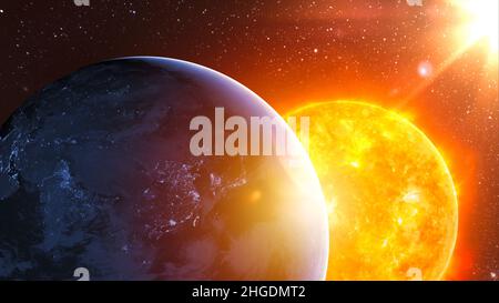 Planet Erde Planet im tiefen Raum gegen blauen Nebel und glühende heiße Sonne. Nachtansicht aus der Umlaufbahn des Planeten mit Stadtlichtern und entfernter Sonne. Stockfoto