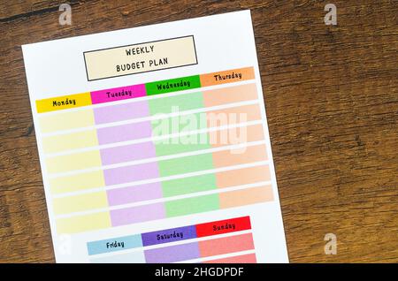 Wochenbudget-Plan Form auf Holzhintergrund. Stockfoto