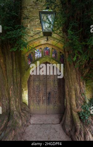 Eibenbäume flankieren den nördlichen Eingang zur St. Edward's Church in Stow-on-the-Wold, Gloucestershire, England Stockfoto