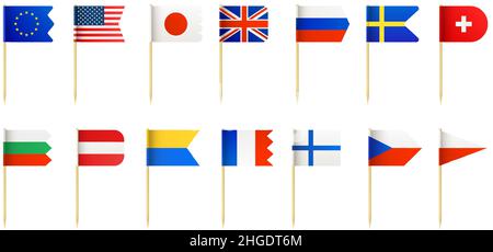 Realistischer Holzzahnstocher mit kleinen Landflaggen für die Lebensmitteldekoration. USA, frankreich, japan, schweden und england Miniatur 3D Flaggen Vektorset Stock Vektor