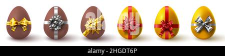 Realistische Ostereier-Geschenke in Gold und Schokolade mit Schleifen. Frühlingsferien Überraschung Eier Geschenke. Frohe ostern Tag Jagd Vektor-Set Stock Vektor