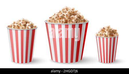 Realistischer großer, mittlerer und kleiner Popcornkübel. Rot gestreifte Körnerportionsbecher in den Größen. Movie Snack Food. Popcorn Eimer Vektor-Set Stock Vektor