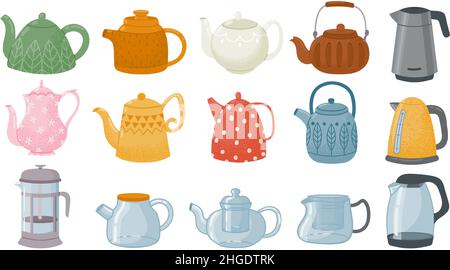 Cartoon dekorative Glas und Keramik Teekannen, Wasserkocher Design. Vintage-, Modern- und japan-Geschirr für Tee. Küche oder Café Teekannen Vektor-Set Stock Vektor