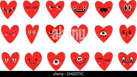 Cartoon rote Herz-Charaktere mit lustigen Gesichtern Emoticon. Valentinstag-Symbol. Niedliche romantische Herzen mit Augen für Logo oder Aufkleber Vektor-Set Stock Vektor