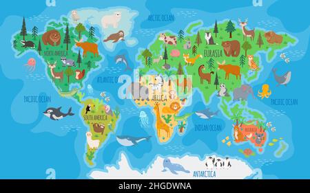 .Cartoon Weltkarte für Kinderzimmer mit Waldtieren. Kinder Geographie Bildung mit europa, asien, australien und amerika Vektor-Poster Stock Vektor