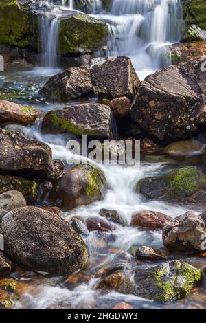Der Fluss Coe entspringt am nordöstlichen Fuße des Buachaille Etive Beag in Schottland und fließt westlich entlang des Glen Coe. Nach dramatischen Wasserfällen am Pa Stockfoto