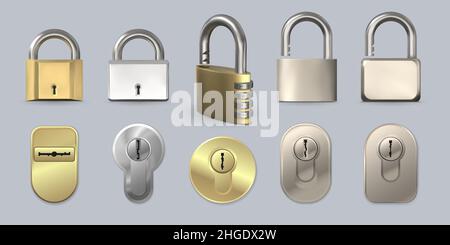 Realistische moderne Metall- und goldene Sicherheitsschlösser und Türschlüsselöcher. 3D Code-Vorhängeschloss mit Zahlenkombination. Sichern Sie das Schlüsselloch und den Schlossvektorsatz Stock Vektor
