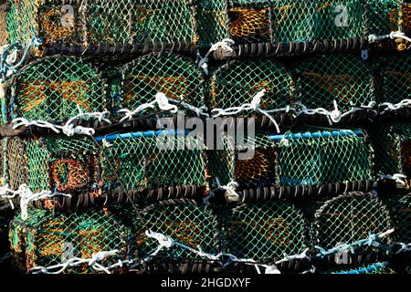Am Pier im Hafen von Scarborough werden neue Krabbenbehälter gestapelt, die auf den Einsatz warten. Aus modernen Materialien (Kunststoffen) gefertigt, sind sie den alten Methoden treu Stockfoto