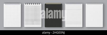 Realistische Notizbuch-Cover-Modelle und Papierseiten mit Linien und Raster. Leeres Skizzenbuch. Gepunktetes Tagebuch. Notizbuch-Vektor-Vorlagensatz Stock Vektor
