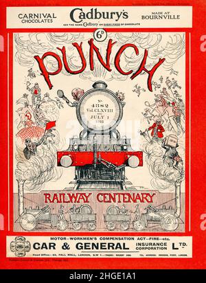 Vintage-Cover des satirischen Punch Magazine mit dem 100. Jahrestag der Stockton & Darlington Railway, Juli 1925 Stockfoto