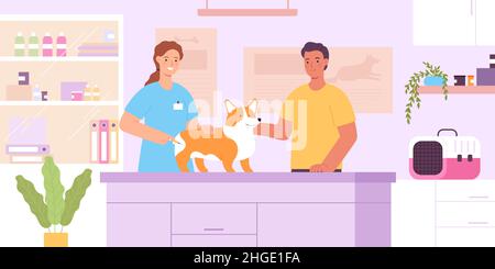 Flat vet clinic interior mit Tierarzt Arzt, Hund und Besitzer. Veterinärmedizin Zentrum für Haustiere. Tiere Impfvektor Konzept Stock Vektor