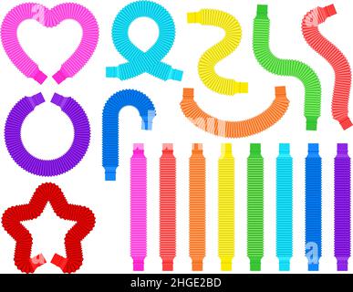 Cartoon Pop-Röhren, trendige Fidget Kunststoff-Spielzeug für Kinder. Antistress bunte Pop-Pfeifen für flexible Formen. Kinder Sinnesspielzeug Vektor-Set Stock Vektor