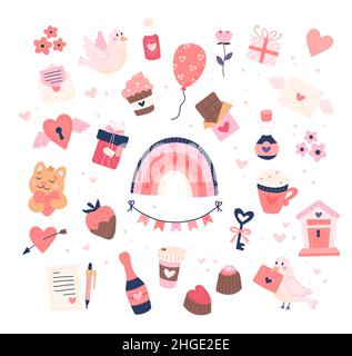 Kollektion zum Valentinstag mit niedlichen Elementen. Herzen und Süßigkeiten. Einen weißen Hintergrund isoliert. Handgezeichnete Vektorgrafik Stock Vektor