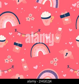 Valentinstag-Muster mit niedlichen Herzen, Regenbogen und Geschenken. Handgezeichnete Vektorgrafik Stock Vektor