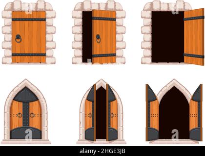 Cartoon offene und geschlossene mittelalterliche Burgtür und Dungeon-Tor. Alte hölzerne, eiserne und steinerne Torbögen. Alte Festung Eingang Vektor gesetzt Stock Vektor