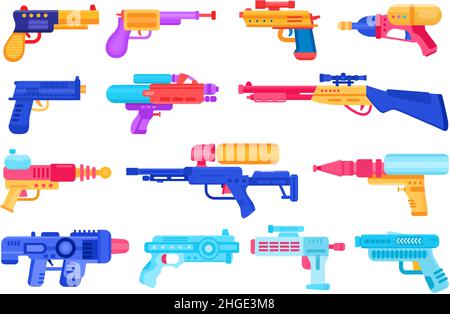 Cartoon Kinder Spielzeugwaffen, Wasserpistolen, Pistolen und Blaster. Kunststoff-Handfeuerwaffen und Rayguns für Sommerspiele. Kinder Raum Laser Vektor-Set Stock Vektor