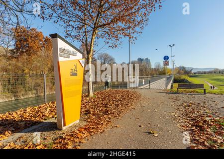 Turin, Italien, 30. November 2021: Parco Dora und das Eiserne Tal, ein öffentlicher Park, der auf einem ehemaligen Industriegebiet errichtet wurde und einige Strukturen der ol bewahrt Stockfoto