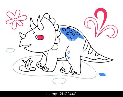 Triceratops Dino - Linie Design Stil Illustration mit editierbarer Kontur. Lustiges Bild von Dinosaurier mit Lederkragen. Jurassic Welt und Dschungel. Explor Stock Vektor