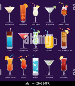 Flache Cocktailgetränke in Gläsern, martini, Mojito, Cosmopolitan und Smoothie. Tropisches alkoholisches Getränk zur Barkarte. Cocktail-Vektor-Set Stock Vektor