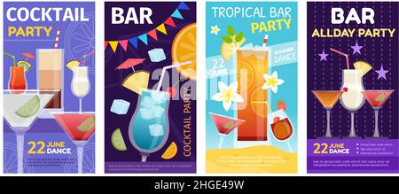 Sommercocktail und Poster an der tropischen Bar mit Gläsern. Alkoholische Cocktails trinken Veranstaltung in Nachtclub Einladung Vektor-Set Stock Vektor