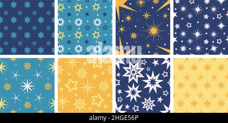 Flache nahtlose Muster mit bunten Sternen für Kindertapete. Sternenklare Struktur am Nachthimmel. Blaue Cartoon-Galaxie mit Sternsymbolen Vektor-Set Stock Vektor