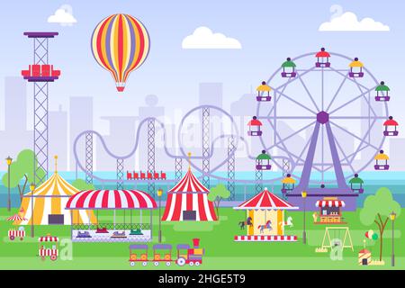 Vergnügungspark-Landschaft mit Riesenrad, Zirkuszelten und Karussells. Flat Fun Fair mit Achterbahn und Karussell-Vektor-Konzept Stock Vektor