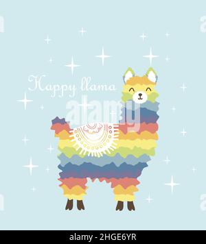 Schillernde Lama-Illustration mit witzigen Zitat ''Happy Lama'' auf Karte, Einladung, Kinderzimmer, Geschenke, etc. Modernes exotisches Design für Papier, Cover, Stoff Stock Vektor