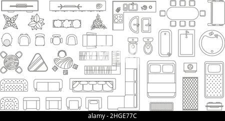 Haus Grundriß Möbel Draufsicht Linie Symbole. Wohnung Interieur Blaupause Kartenelemente. Tisch, Sitze, Sofa, Bad und WC Vektor-Set Stock Vektor