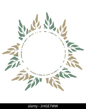 Runder Blattrahmen. Exotische Blätter und Pflanzen, gesammelt in einer Komposition in einem Kreis auf weißem Hintergrund. Natürliche Blumenvorlage . Postkarte für Stock Vektor