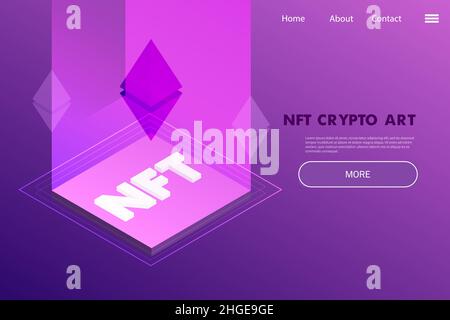 Nicht fungible Token Project Landing Page - Krypto-Artwork auf digitalem Plattformkonzept in violetten Tönen Stock Vektor