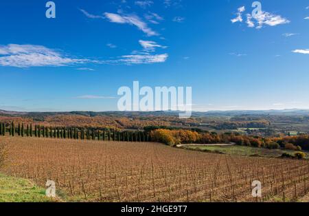 Eine serene Landschaft der Crete Senesi und des Val D'Orcia-Tals von den hügeln des chianti classico an einem sonnigen Wintertag. Stockfoto