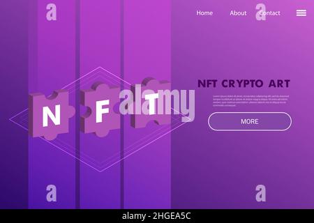 Nicht fungible Token Project Landing Page - Krypto-Artwork auf digitalem Plattformkonzept in violetten Tönen Stock Vektor