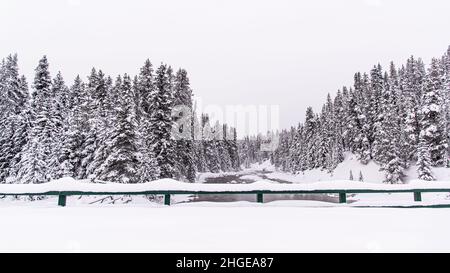 Maligne Lake, Kanada - 23 2021. Dez.: Gefrorener Maligne Lake, umgeben von schneebedeckten Wäldern Stockfoto