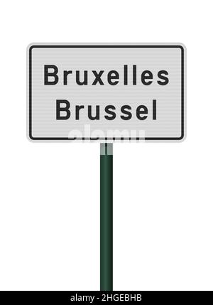 Vektordarstellung der Stadt Brüssel (Brüssel auf Französisch und Brüssel auf Niederländisch) weißes Straßenschild auf grünem Metallpfosten Stock Vektor