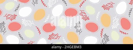 Osterdesign mit Eiern und Blumen in Pastelltönen. Horizontales Poster. Frohe Ostern Grüße Text. Design für Titel für die Website, Banner, Poster Stock Vektor