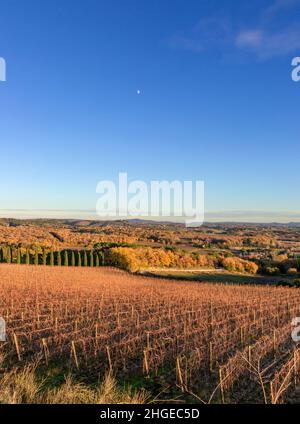 Eine serene Landschaft der Crete Senesi und des Val D'Orcia-Tals von den hügeln des chianti classico an einem sonnigen Wintertag. Stockfoto