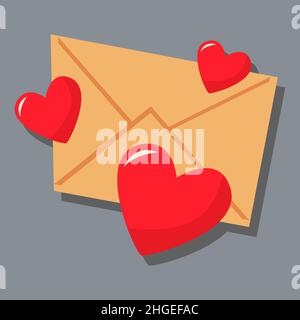 Herzen und ein geschlossener Papierumschlag. Tag der Liebe. valentinstag. Eine Grußkarte mit einer Liebeserklärung. Ein flaches Vektorbild auf grauem Hintergrund Stock Vektor